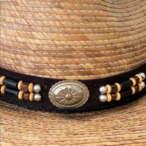 Brown Straw Cowboy Hat Beaded Band Sz  7 1/2 (M/L) Boho Western Vacation